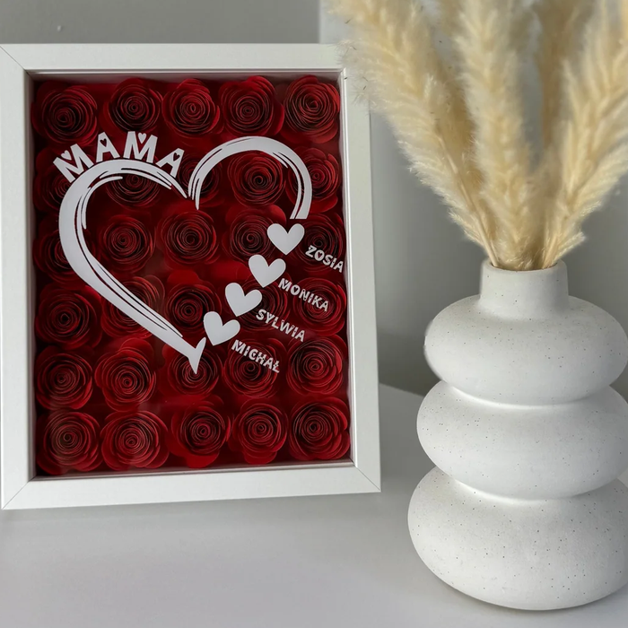 ramka z ręcznie robionymi różamy i personalizowanym wydrukiem - prezent dla mamy