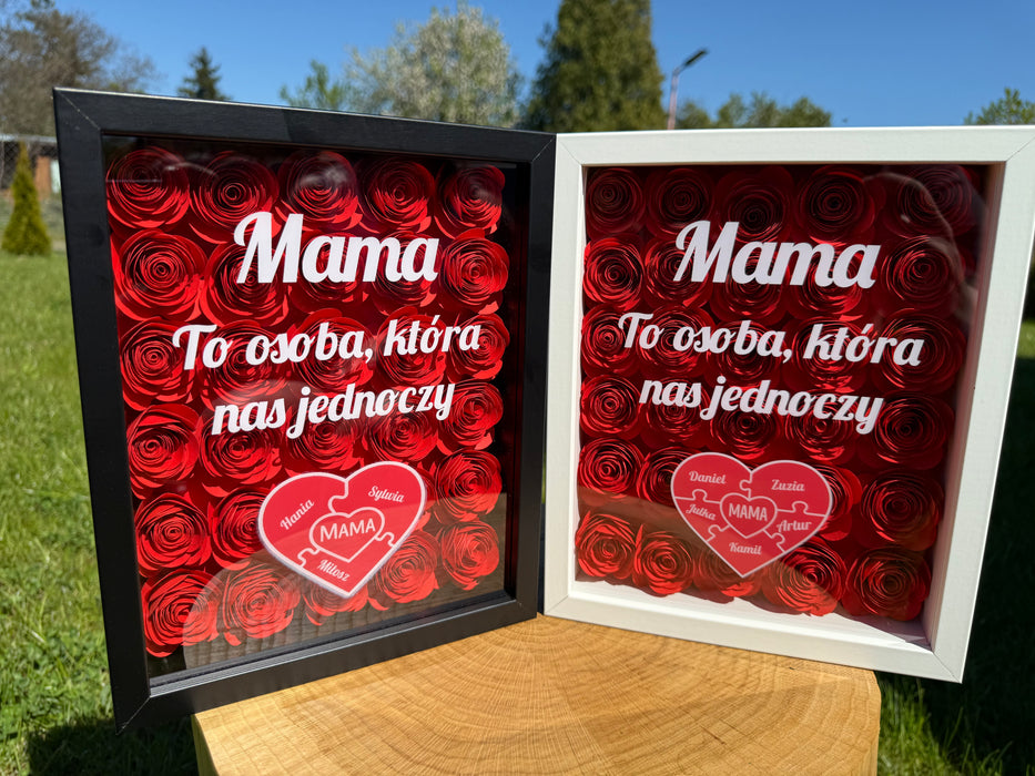 Mama nas jednoczy - Prezent dla Mamy - Ramka 3D z ręcznie wykonanymi różami - KochamCie.pl 
