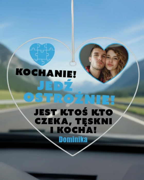 Personalizowana zawieszka do auta na lusterko - prezent dla zakochanych ze zdjęciem - wlasnie imie i tekst - prezent dla chłopaka - prezent dla dziewczyny