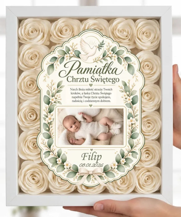 Pamiątka Chrztu Dla Dziecka – Personalizowana Ramka 3D z Kremowymi Różami