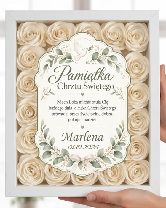 Pamiątka Chrztu Świętego – Personalizowana Ramka 3D z Kremowymi Różami, Imieniem i Życzeniami
