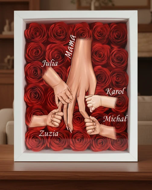 Ramka z rózami od dzieci dla ukochanej mamy - dłonie dzieci oraz dłon mamy - pamiątka na zawsze - Prezent dla najlepszej mamy