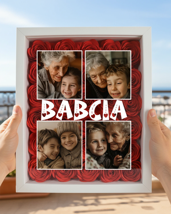 Ramka z różami dla najlepszej babci na świecie - Miłość do babci od ukochanych wnuczków - Kolaż zdjęć z ulubionymi zdjęciami z babcią