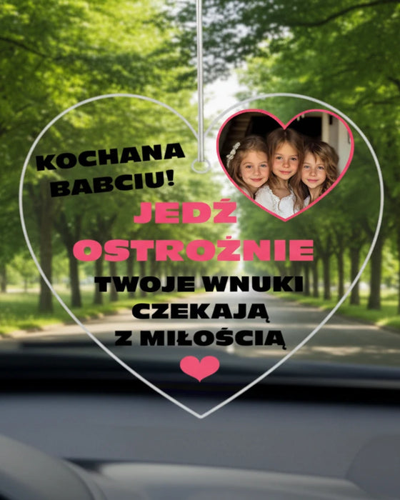 Prezent dla ukochanej babci od wnuków - Personalizowana zawieszka do samochodu ze zdjęciem wnuków