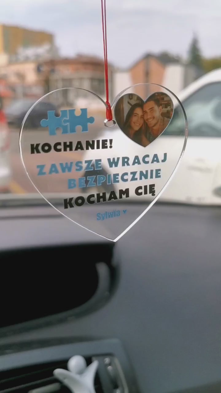 Zawieszka do samochodu dla zakochanych ze zdjęciem i podpisem - Prezent dla zakochanych - Prezent dla chłopaka i dziewczyny