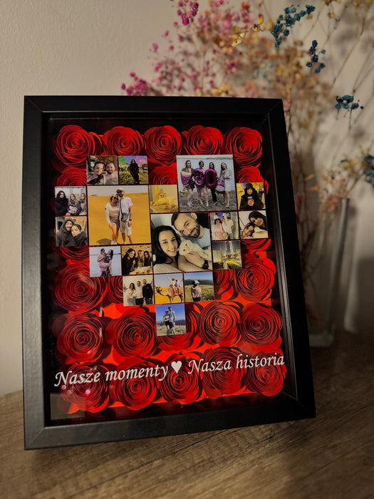 personalizowana ramka 3d z rozami i zdjęciami - kolaż zdjęc w kształcie serca i tekst