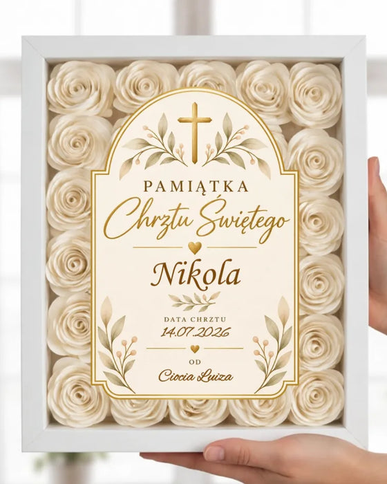 Pamiątka Chrztu Świętego – Personalizowana Ramka 3D z Kremowymi Różami, Imieniem i Dedykacją