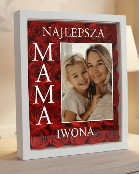 Ramka z różami od dzieci dla mamy - Najlepszy prezent dla ukochanej mamy - Najlepsza mama na świecie - ramka z ręcznie obionymi różami