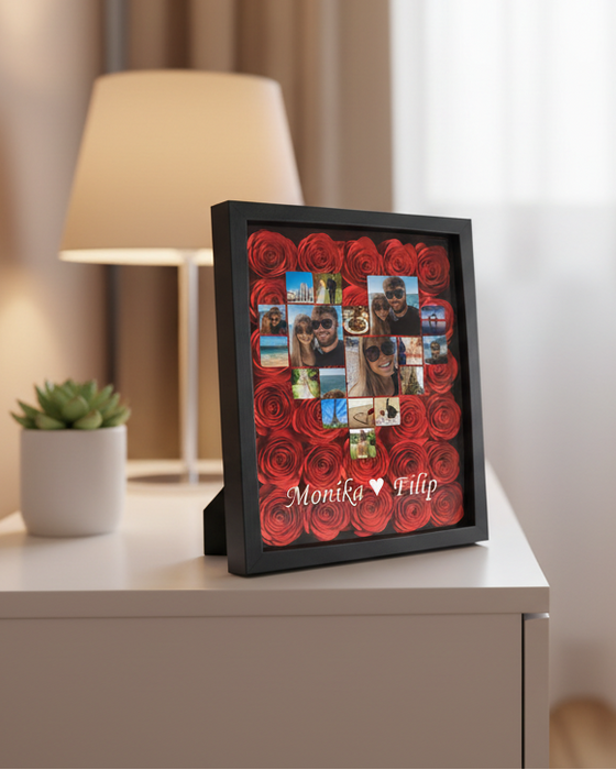 Kolaż w kształcie serca - Dla zakochanych - Ramka 3D z ręcznie wykonanymi różami