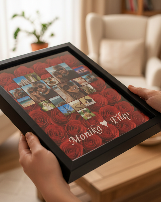 Kolaż w kształcie serca - Dla zakochanych - Ramka 3D z ręcznie wykonanymi różami - KochamCie.pl 