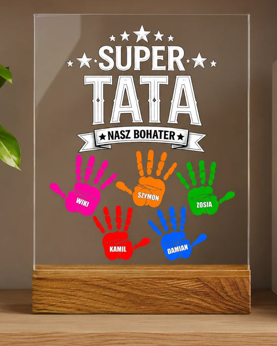 Super Tata! Nasz Bohater!  - Prezent dla Taty - Druk na szkle z podstawką - KochamCie.pl 