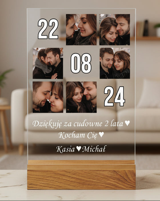 prezent na rocznicę - szkiełko rocznicowe, druk na szkle z podstawką, kolaż zdjęć dla zakochanych, ważna data , rocznica