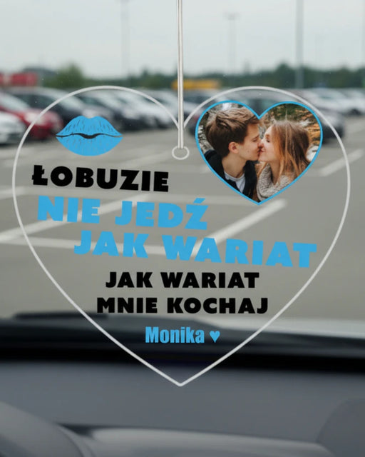 Personalizowana zawieszka do samochodu dla zakochanych - Zawieszka z naszym zdjęciem i podpisem  - Prezent dla chłopaka i dziewczyny